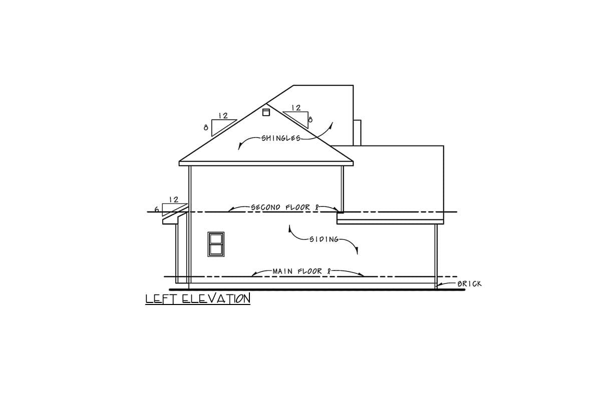 Left elevation drawing of a two-story house plan, showing brick foundation, siding, and shingles roof.