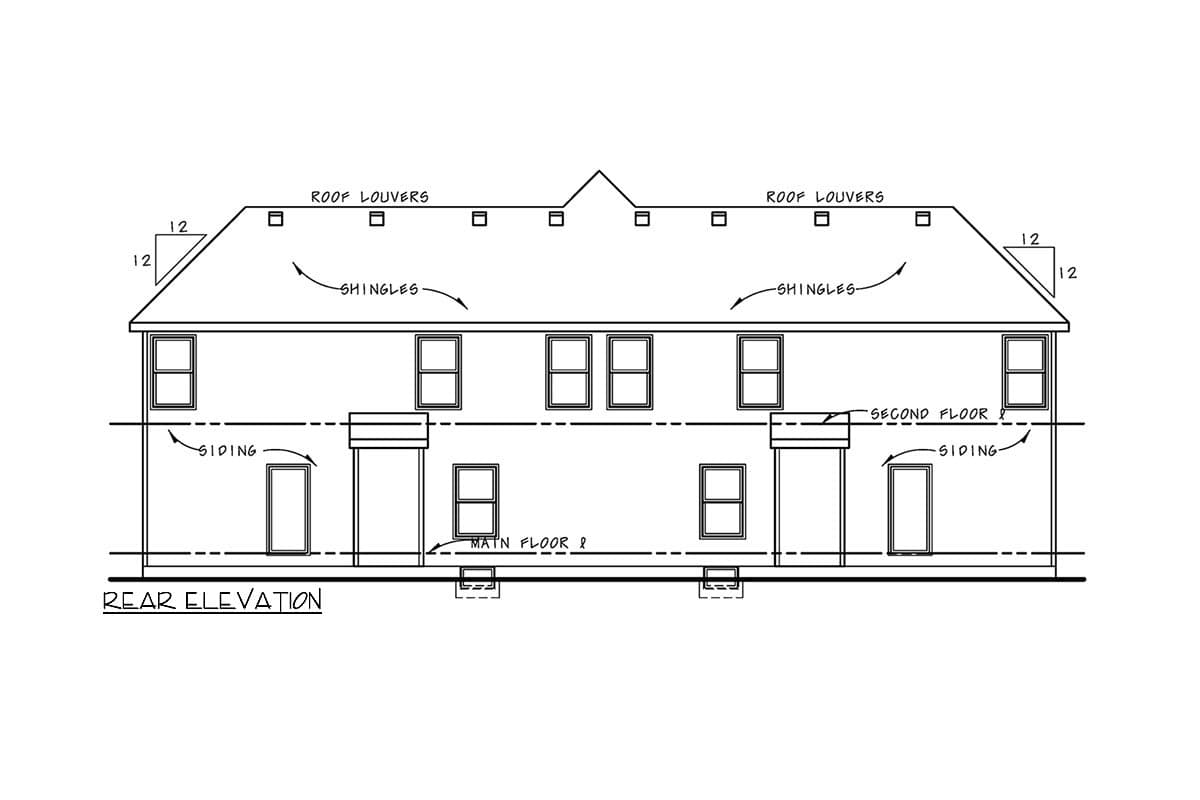 Rear elevation drawing of a two-story house plan with siding, roof louvers, and symmetrically placed windows.