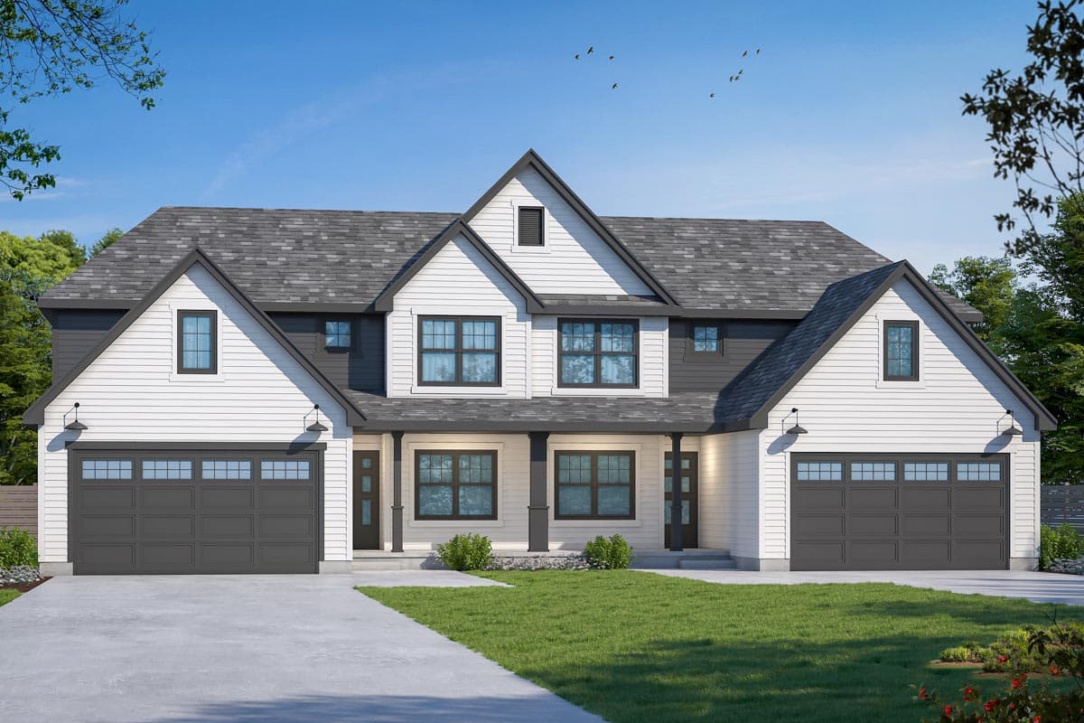House plan exterior. Two-story Modern Farmhouse with gables, a covered front porch, and two-car garages on either side of the house.