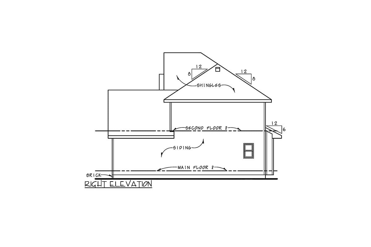 Right elevation house plan showing brick on main floor, siding on second floor, and shingled roof.