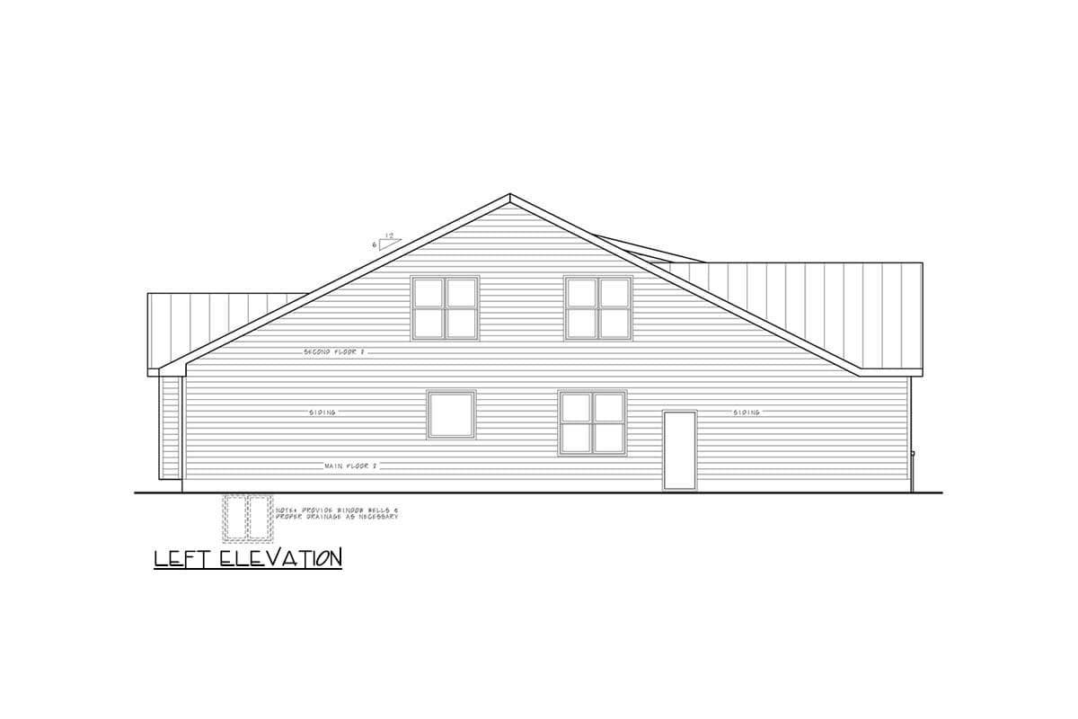 Left elevation house plan drawing showing siding, windows on two floors, and a pitched roof.