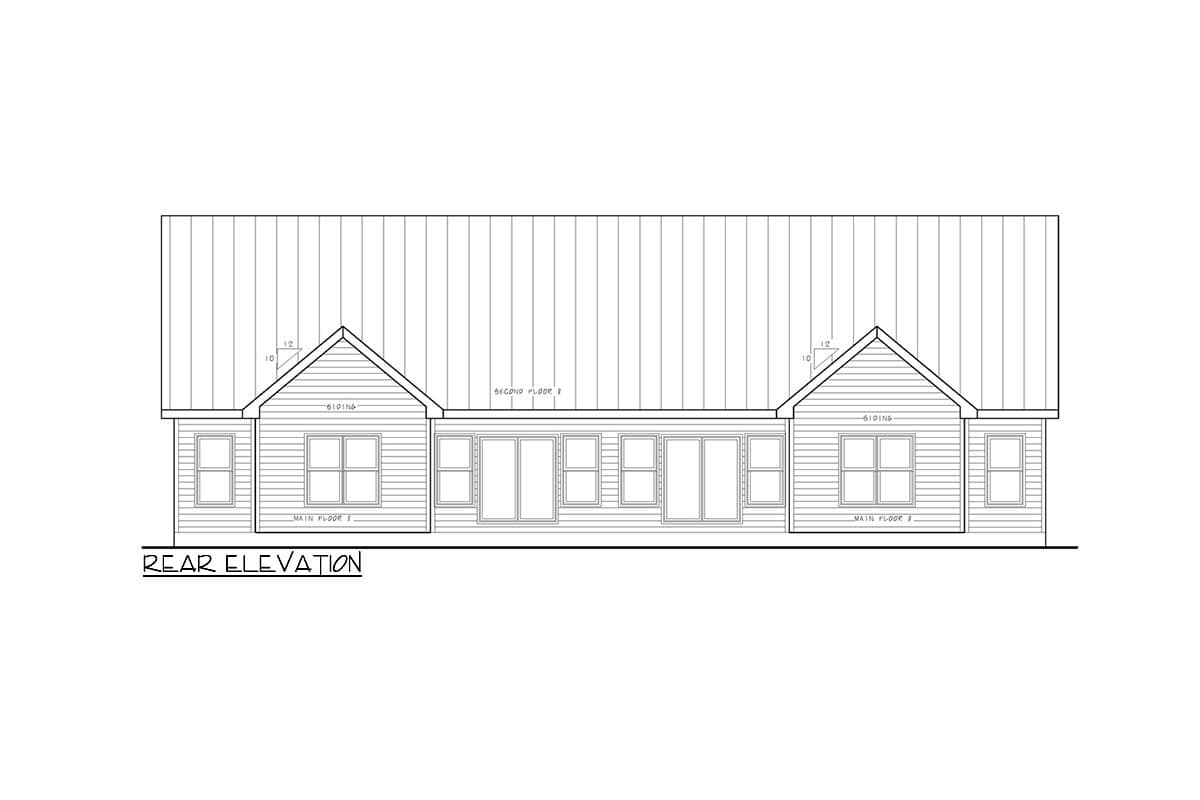 Rear elevation drawing of a house plan showing a long row of windows on the main floor and gabled dormers on the second floor.