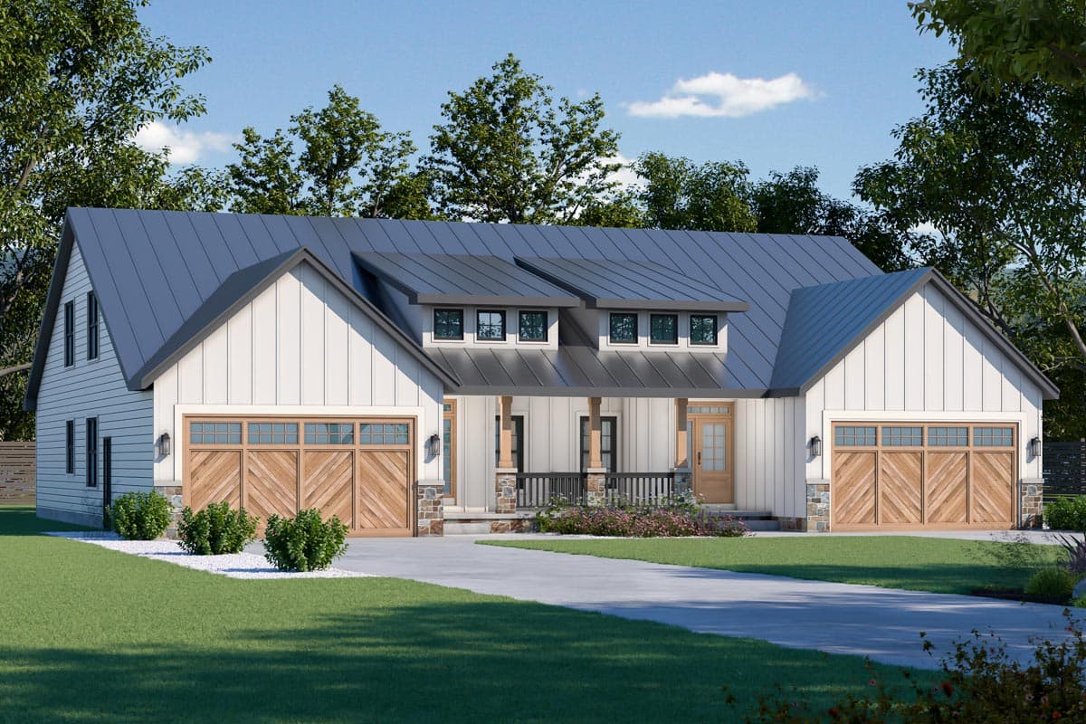 House plan exterior. Modern farmhouse style with gabled roof, two-car garage, and covered porch. Features include board and batten siding.