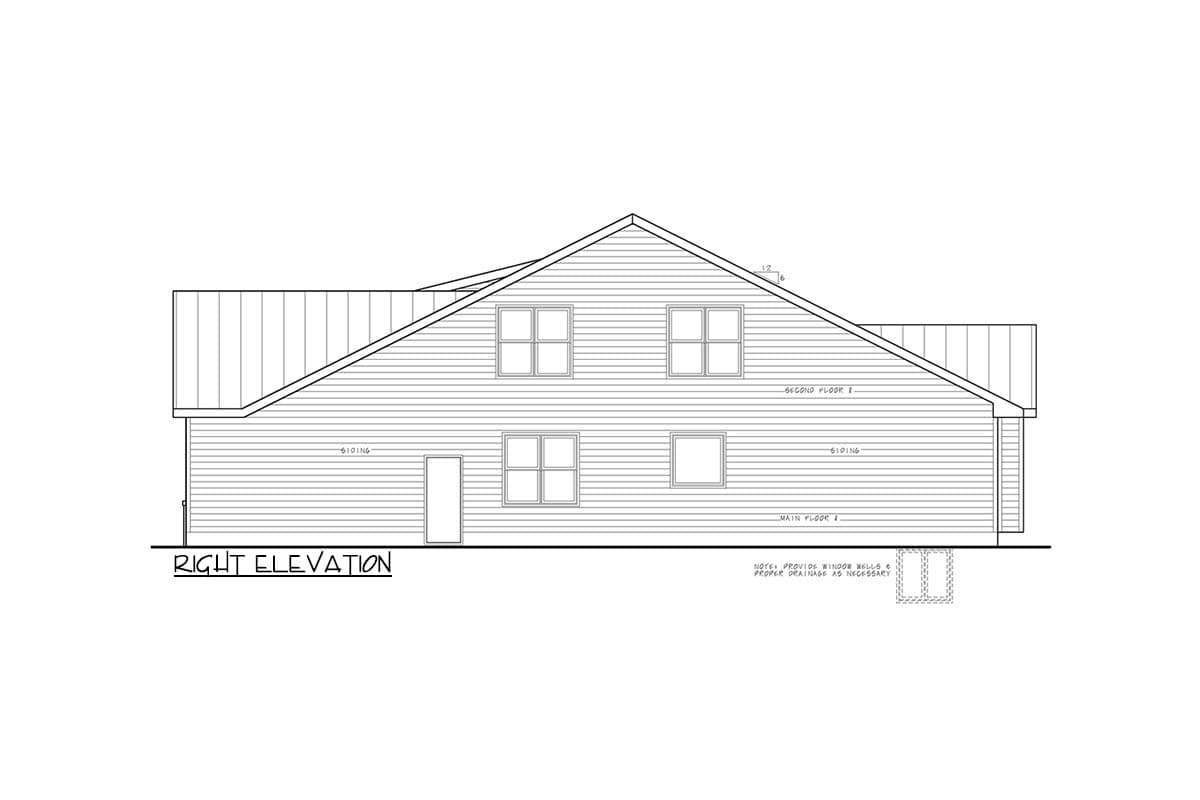 Right elevation house plan drawing showing two stories, siding, windows, a door, and a gable roof with shed dormers.
