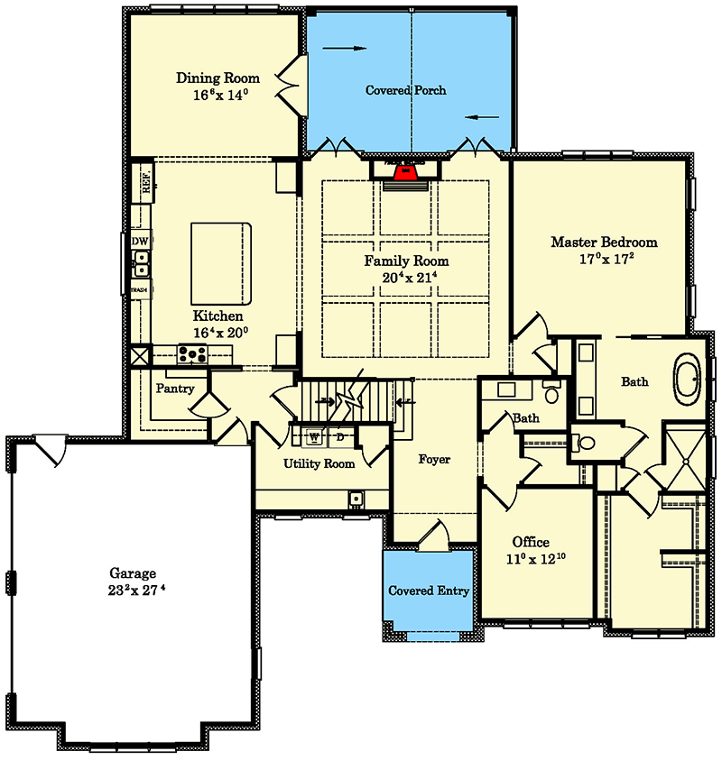 Plan 11930LW: 4 Bed Multi-Gabled House Plan with Brick Exterior Under 4100 Square Feet - Floor Plan - Main Level - Southern, Traditional