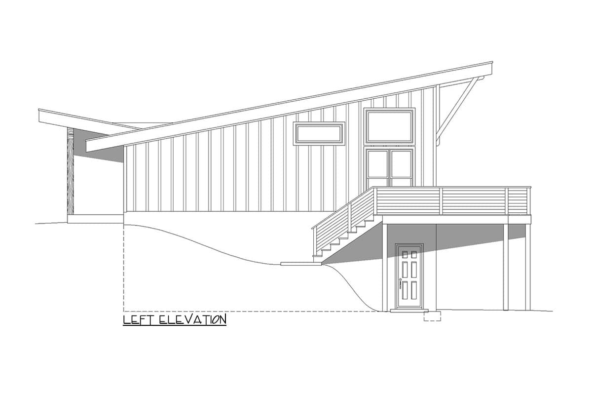 Modern house plan left elevation with a sloped roof, deck, stairs, and lower-level entrance.