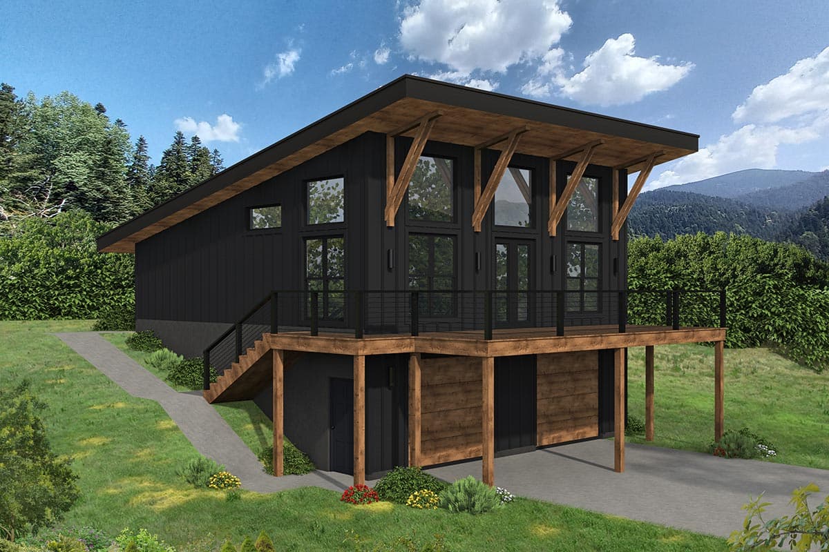 House plan exterior. Modern style, two-story structure with a flat roof, large windows, and a raised deck with wood supports.