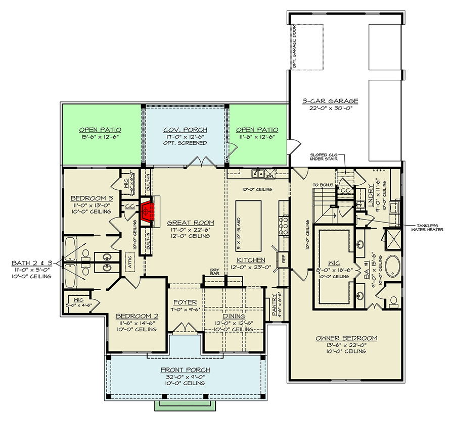 Plan 12291JL: 3-Bed Modern Farmhouse Plan Under 2500 Square Feet with Two Bonus Rooms - Floor Plan - Main Level - Country, Craftsman, Farmhouse, Modern Farmhouse, New American, Traditional