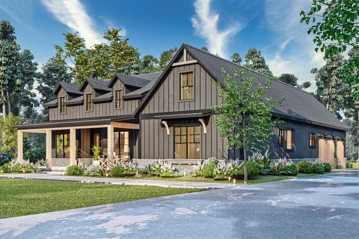 Modern Farmhouse house plan exterior with gables, dormers, covered porch, stone base, and a three-car garage.