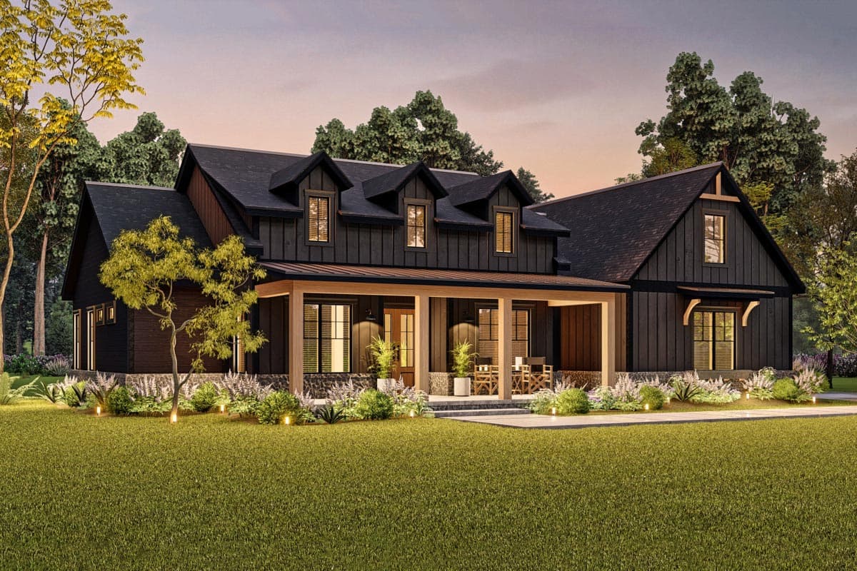Modern Farmhouse house plan exterior, two stories, with a wide covered porch, dormer windows, and board and batten siding.