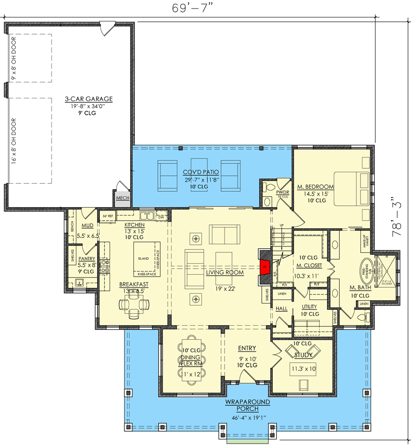 Plan 421538CHD: Modern Farmhouse Under 2600 Square Feet with Bonus Room with Balcony Expansion - Floor Plan - Main Level - Country, Farmhouse, Modern Farmhouse, New American