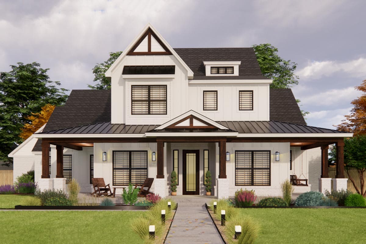 Modern Farmhouse house plan exterior with wrap-around porch, gabled dormer, and wood accents.
