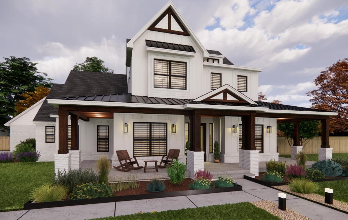 Modern Farmhouse house plan exterior with a covered porch, white siding, brick accents, and prominent gables.