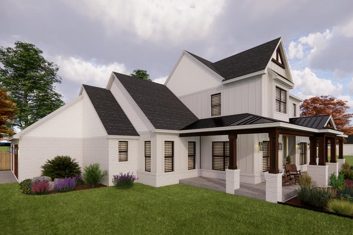 Modern Farmhouse style house plan exterior with white brick, board and batten siding, a covered porch, and multiple gables.