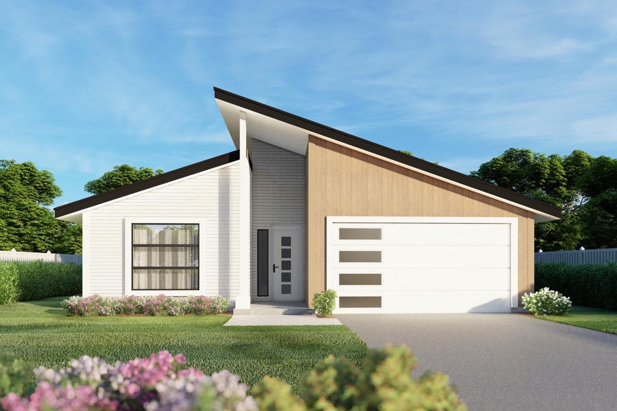 House plan exterior. Modern style with a single story, a shed roof, vertical siding, and an attached garage with horizontal windows.