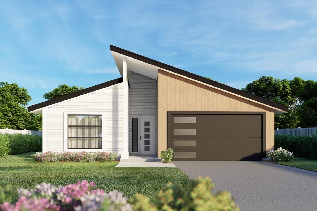 House plan exterior: modern style, single-story with prominent asymmetrical rooflines, wood siding accents, and a modern garage door.
