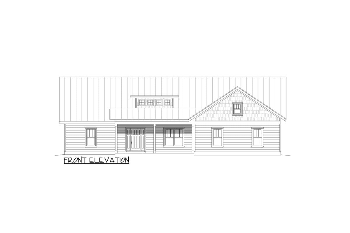 Front elevation drawing of a house plan with a covered porch, multiple gables, and dormer windows.