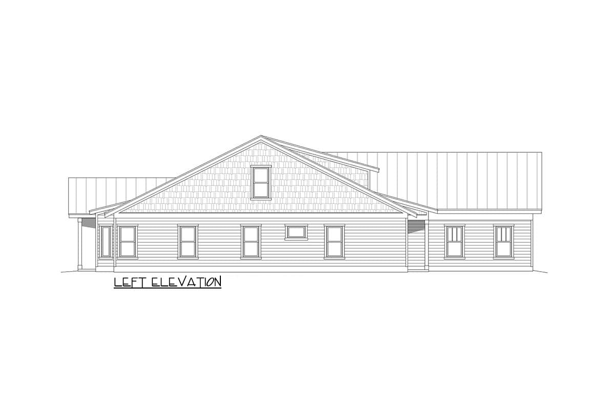 Left elevation drawing of a house plan showing horizontal siding, a gable with fish-scale shingles, and a metal roof.