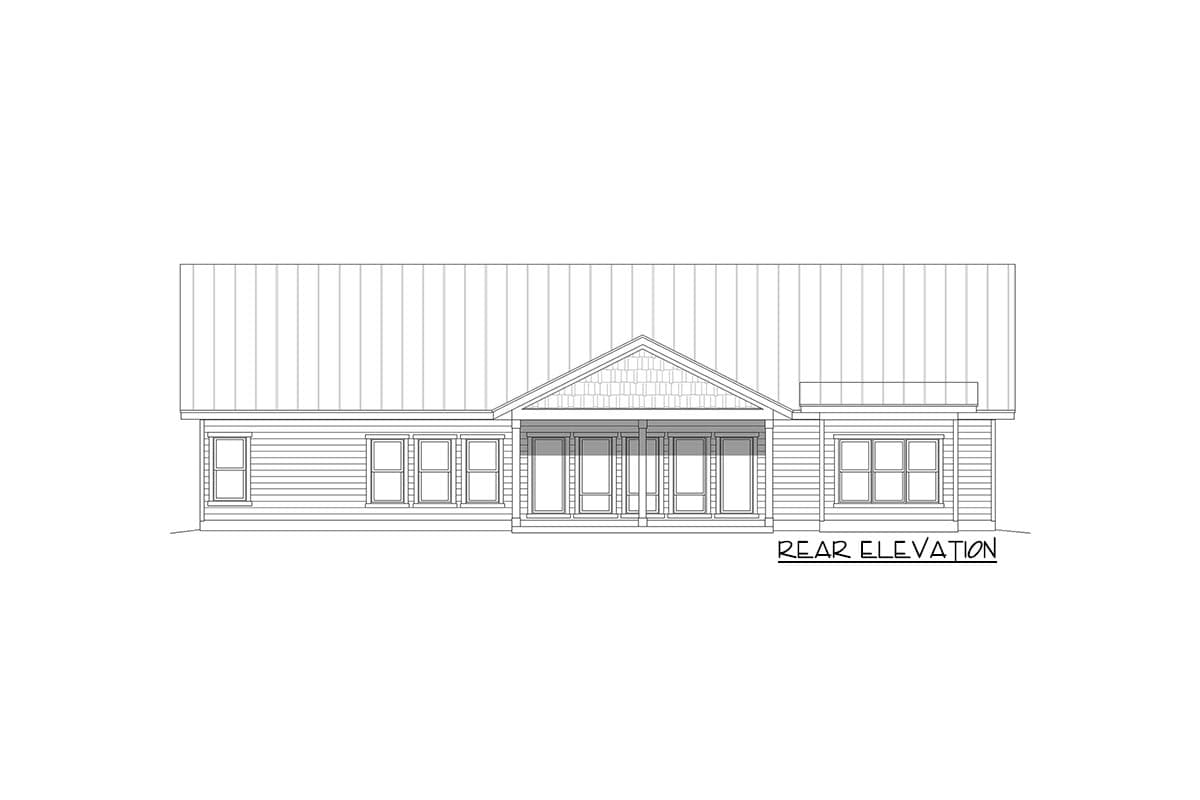 Rear elevation drawing of a single-story house plan featuring a gabled central porch with multiple windows and horizontal siding.