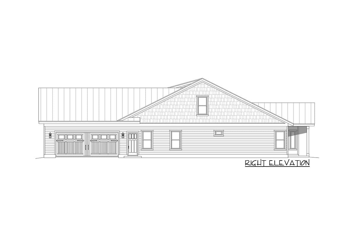 Right elevation drawing of a house plan featuring a three-car garage, gable roof, and vertical siding.