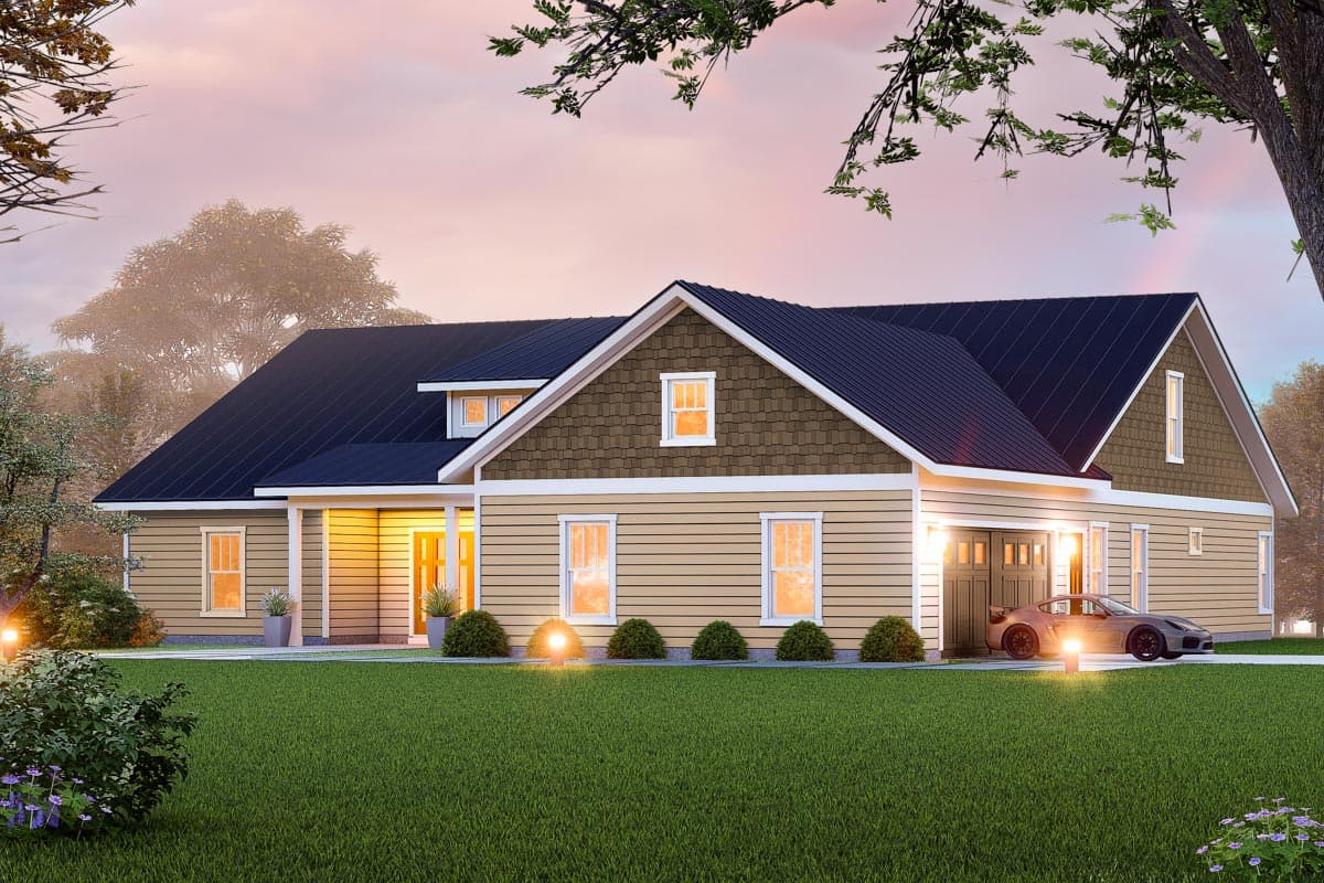 House plan exterior featuring a ranch-style home with a dark roof, horizontal siding, gables, and a three-car garage.