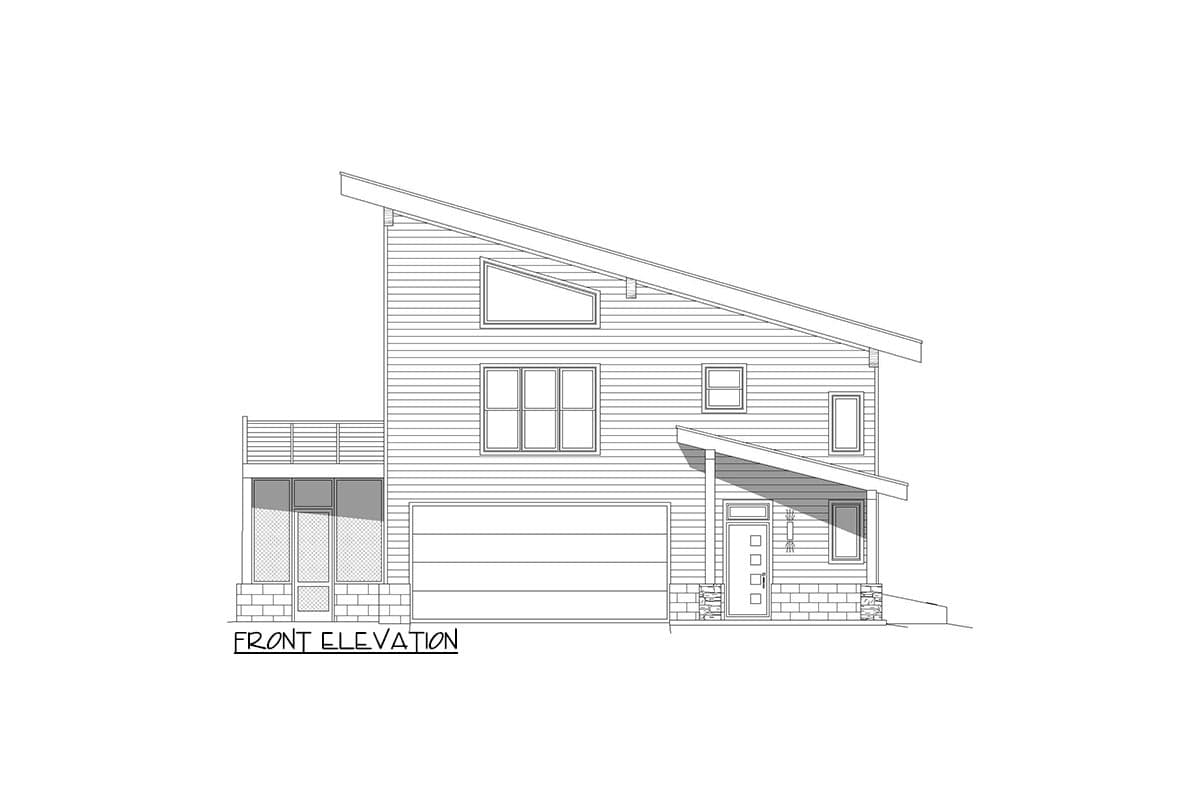 Front elevation drawing of a two-story house plan with a prominent slanted roof, large garage door, and covered entry porch.