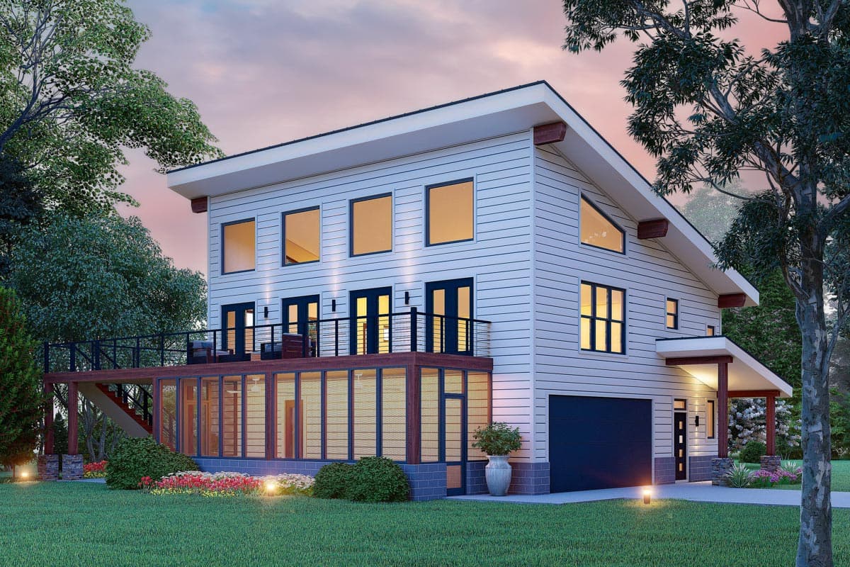 House plan exterior with modern design, two stories, shed roof, deck with metal railing, and attached garage. Large windows and glass enclosure.