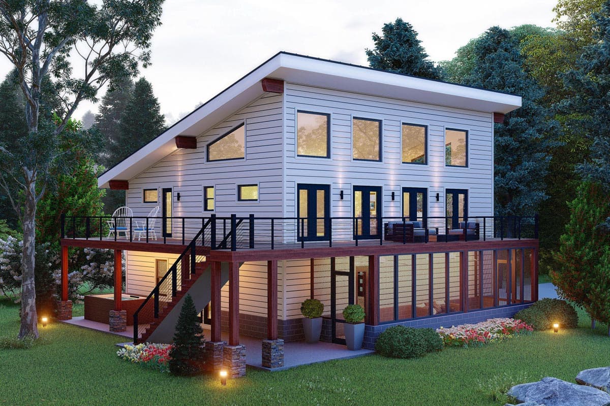 Modern two-story house plan exterior with a large wrap-around deck, multiple gables, and extensive window openings.