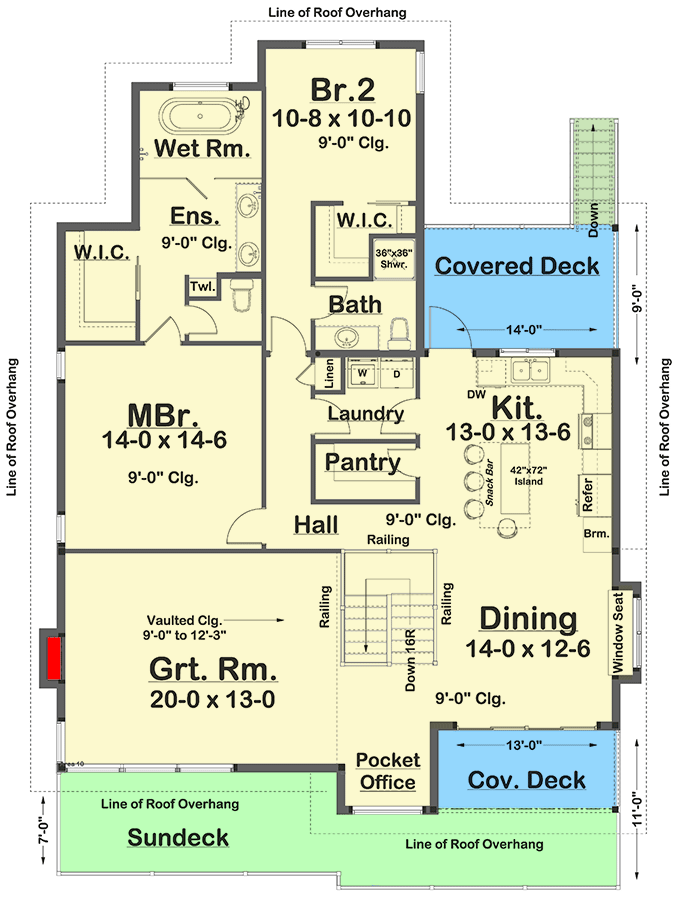 Plan 67818MG: 3020 Sq Ft Hillside Mid-Century Modern House Plan with Optional Lower Level Living - Floor Plan - Main Level - Contemporary, Mid Century Modern, Modern, Northwest