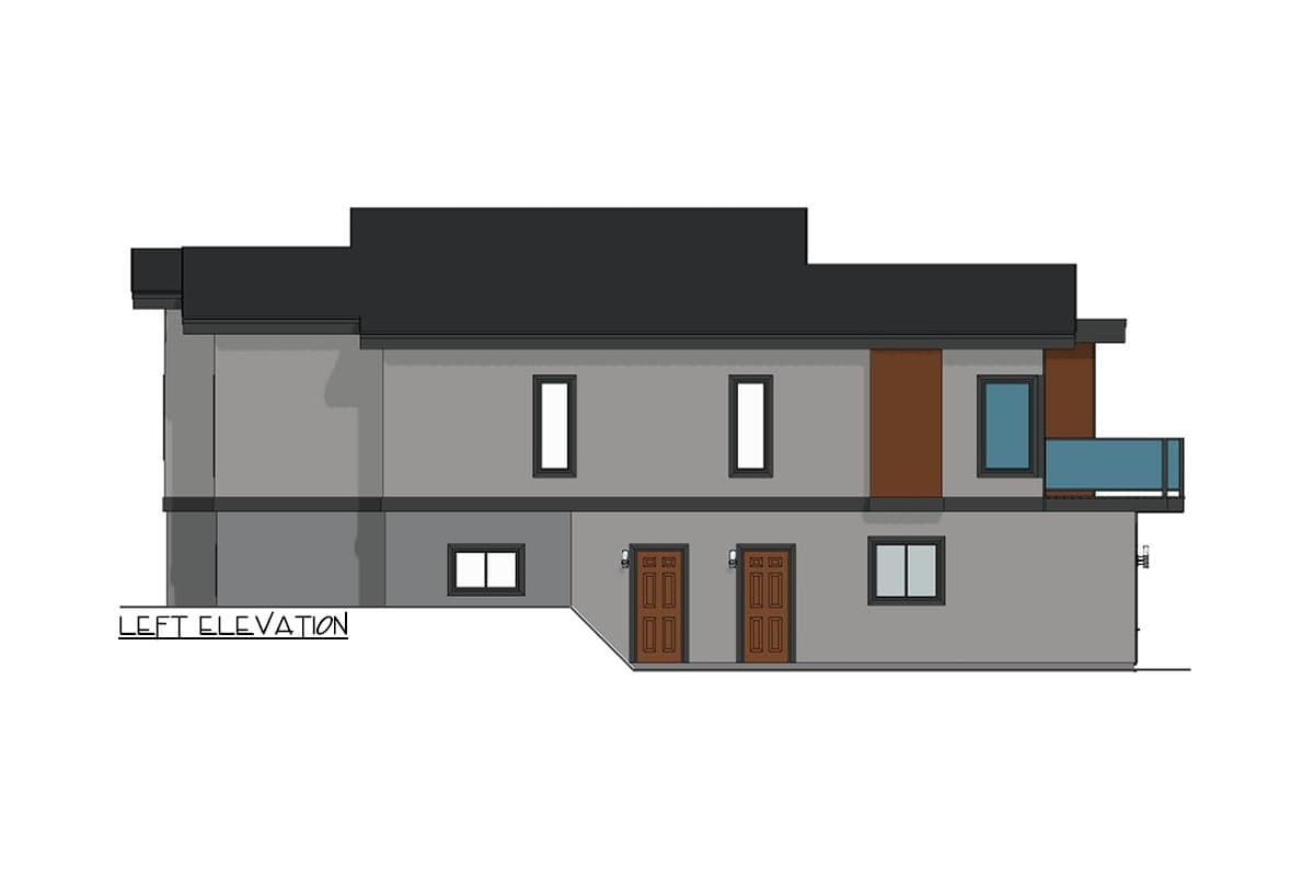 Left elevation drawing of a two-story house plan with two front doors, a balcony, and layered rooflines.