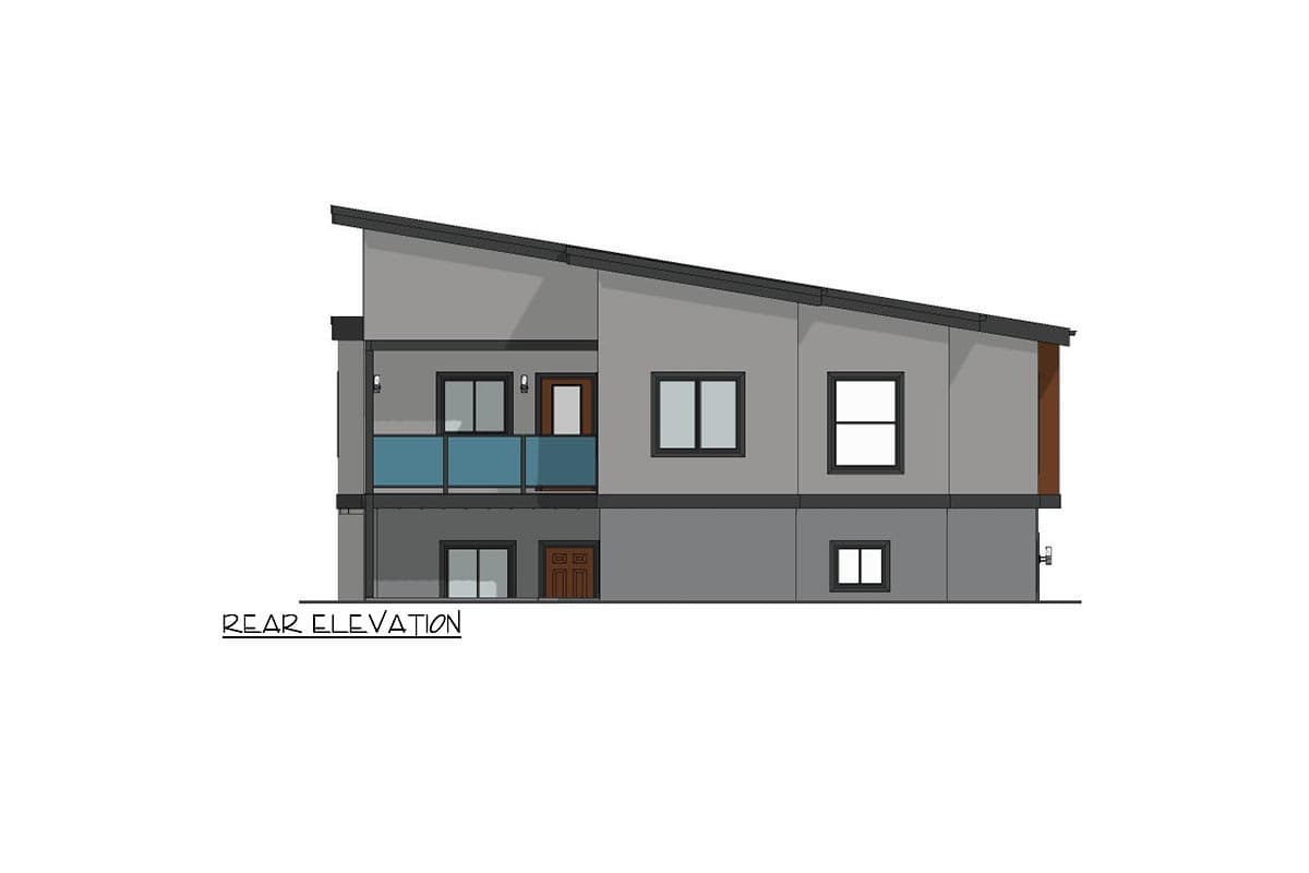 Rear elevation drawing of a two-story modern house with a sloped roof, balcony, and multiple windows.