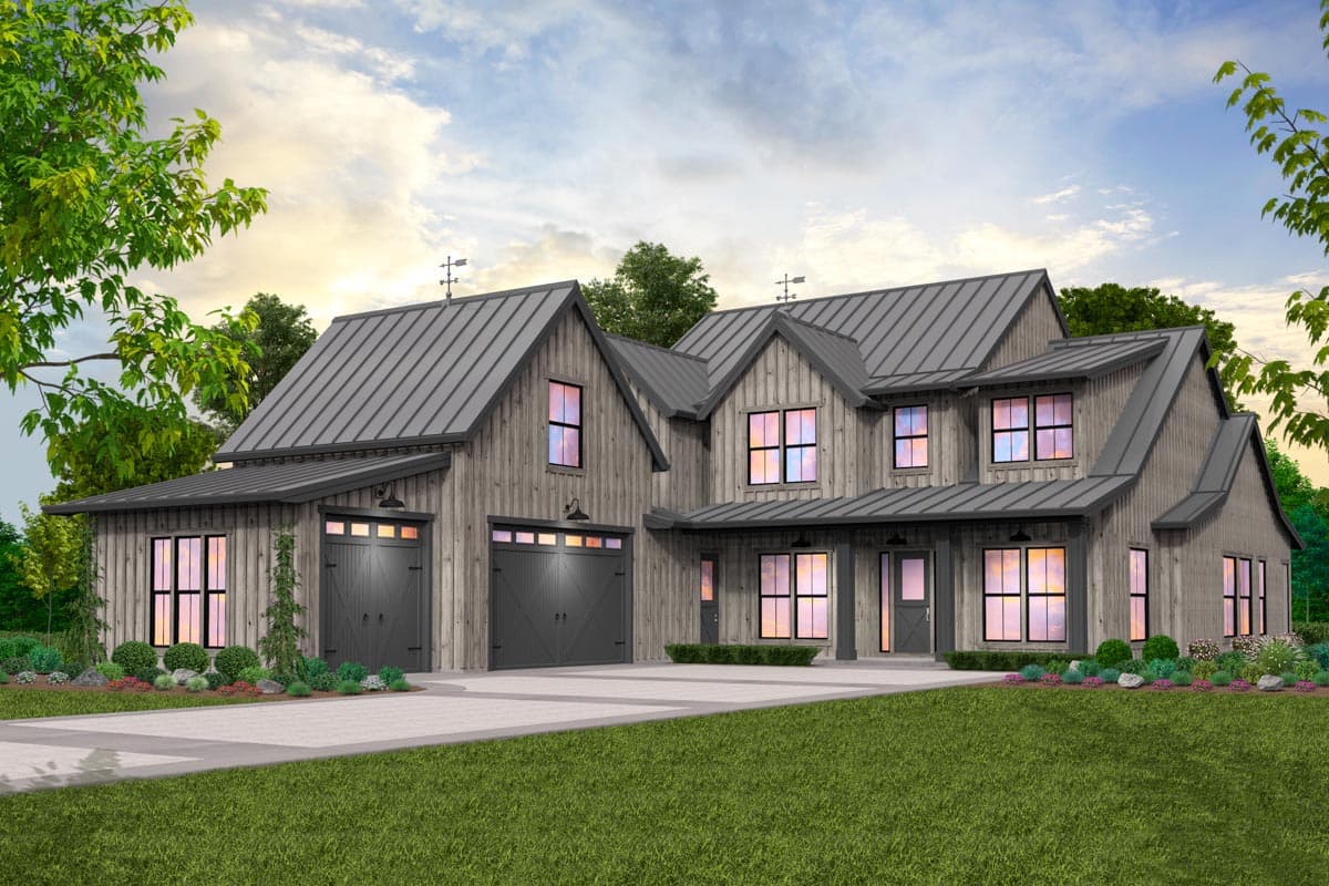 House plan exterior. Two-story Modern Farmhouse with gables, a covered porch, and a side-entry garage. Metal roof. Board and batten siding.
