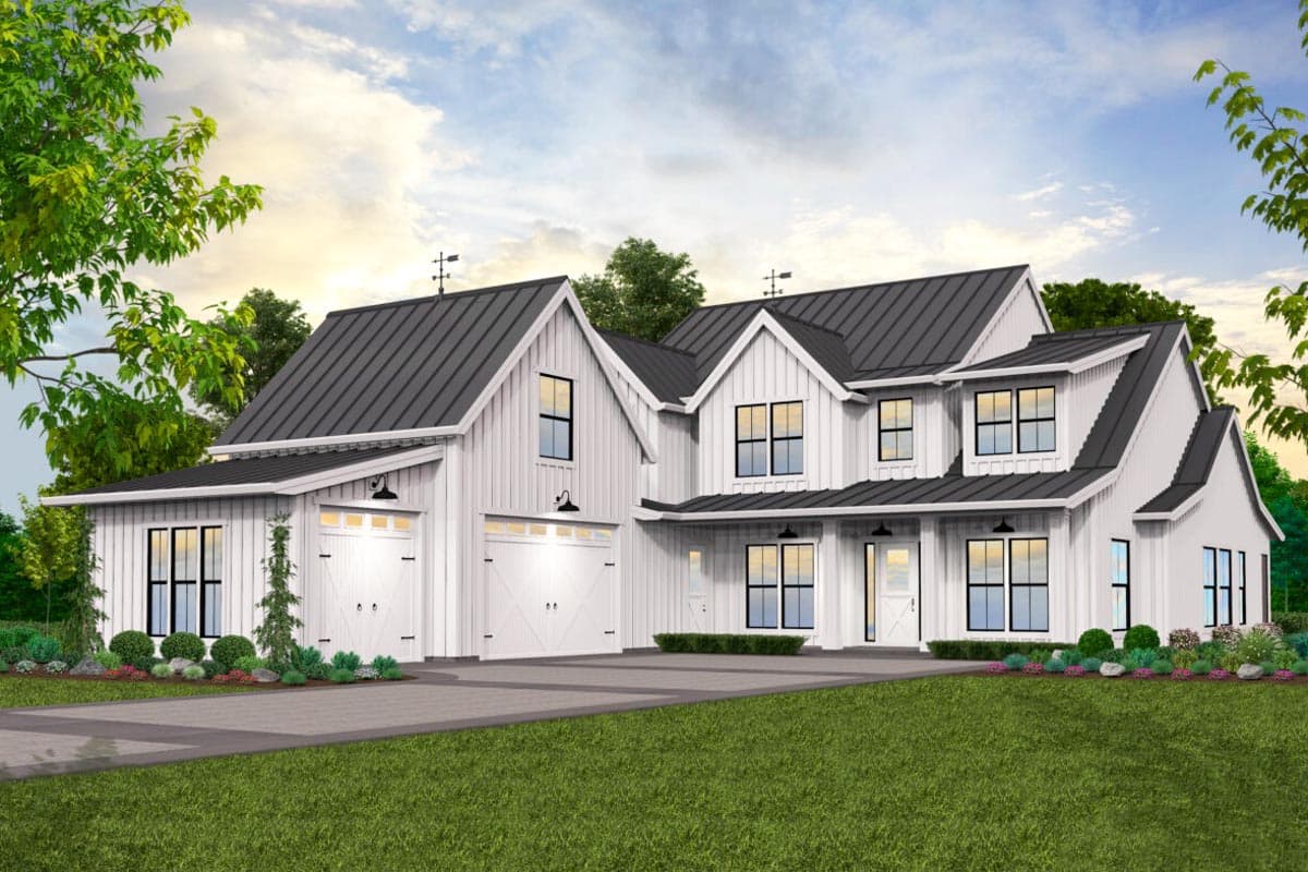 Modern Farmhouse house plan exterior: two stories, white siding, metal roof, dual garage doors, and covered front entry.