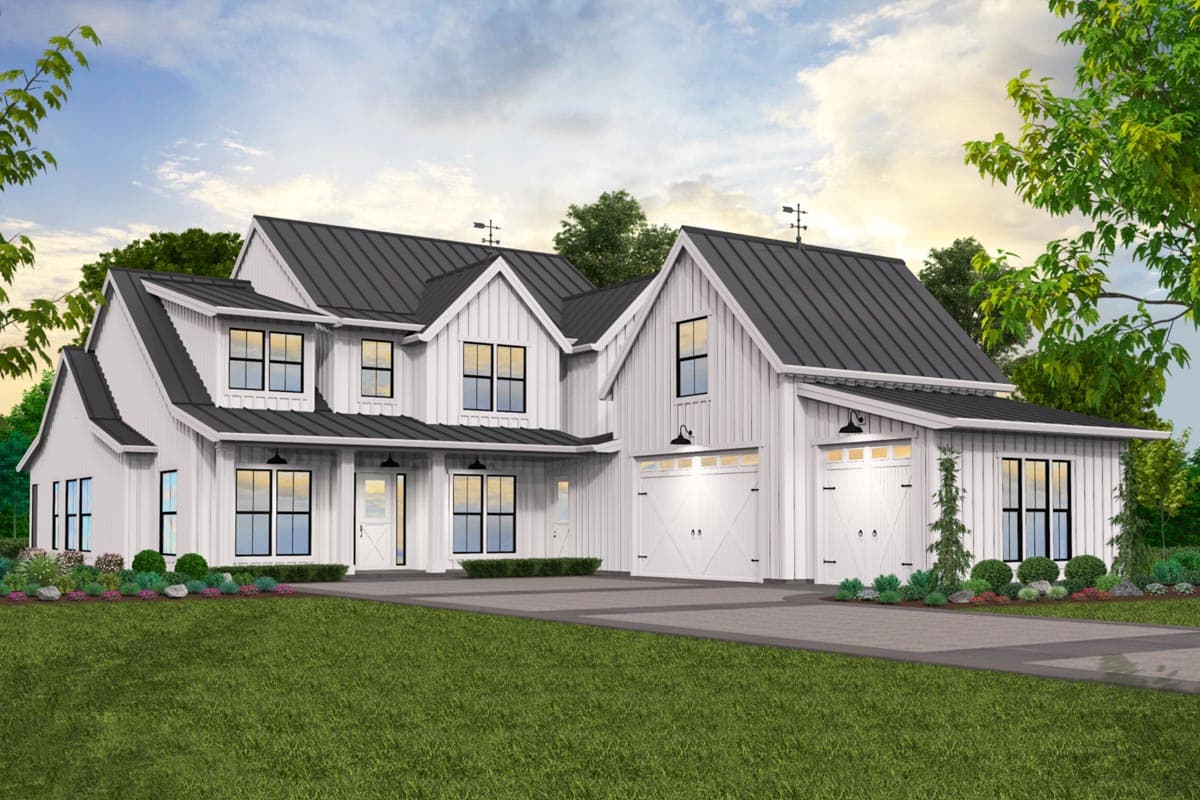 House plan exterior rendering. Two-story Modern Farmhouse with gabled roof, dormers, and attached garage. Includes a covered front porch.