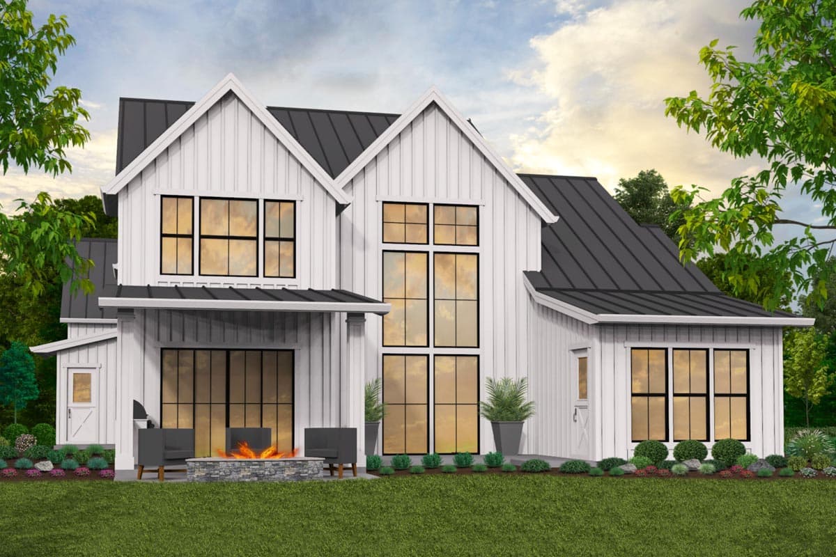House plan exterior for a two-story Modern Farmhouse with gables, metal roof, covered patio with fire pit, and large windows.