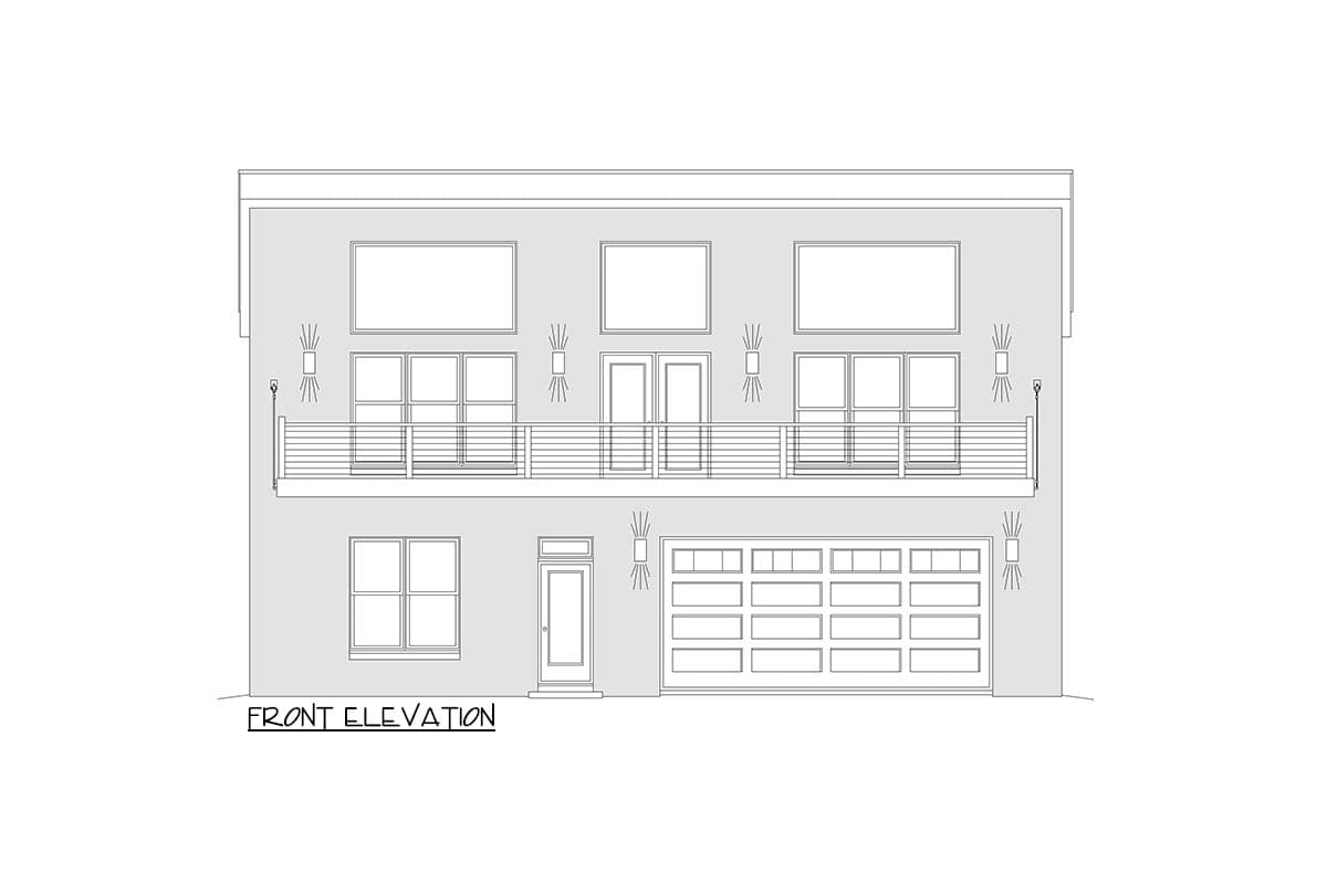 Front elevation drawing of a two-story house with a balcony, multiple windows, double doors, and an attached garage.