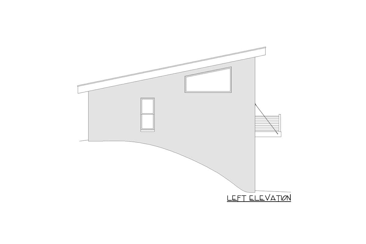 Left elevation house plan with a sloped roofline, two windows, and a small deck.