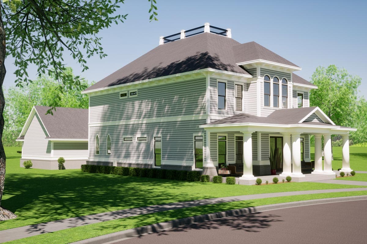 House plan exterior: two-story traditional home with wide front porch, columns, gables, and multiple dormers.