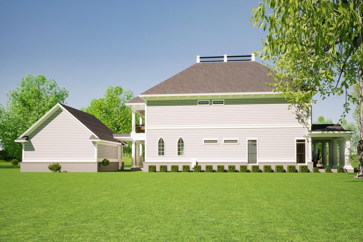 House plan exterior. Light-colored siding, pitched roof, attached garage, and a covered porch with columns.