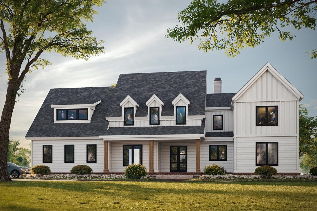 House plan exterior featuring Modern Farmhouse style with two stories. Key features include a front porch, dormers, and gabled rooflines.