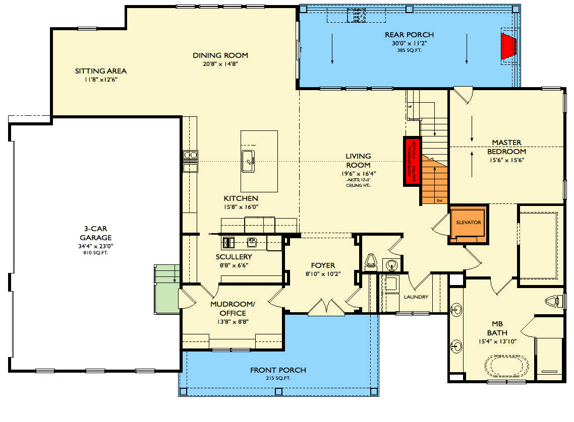 Plan 29922LDG: Modern Farmhouse with an Elevator and Upstairs Laundry Option Plus Lower Level Expansion - Floor Plan - Main Level - Country, Farmhouse, Modern Farmhouse, New American, Traditional