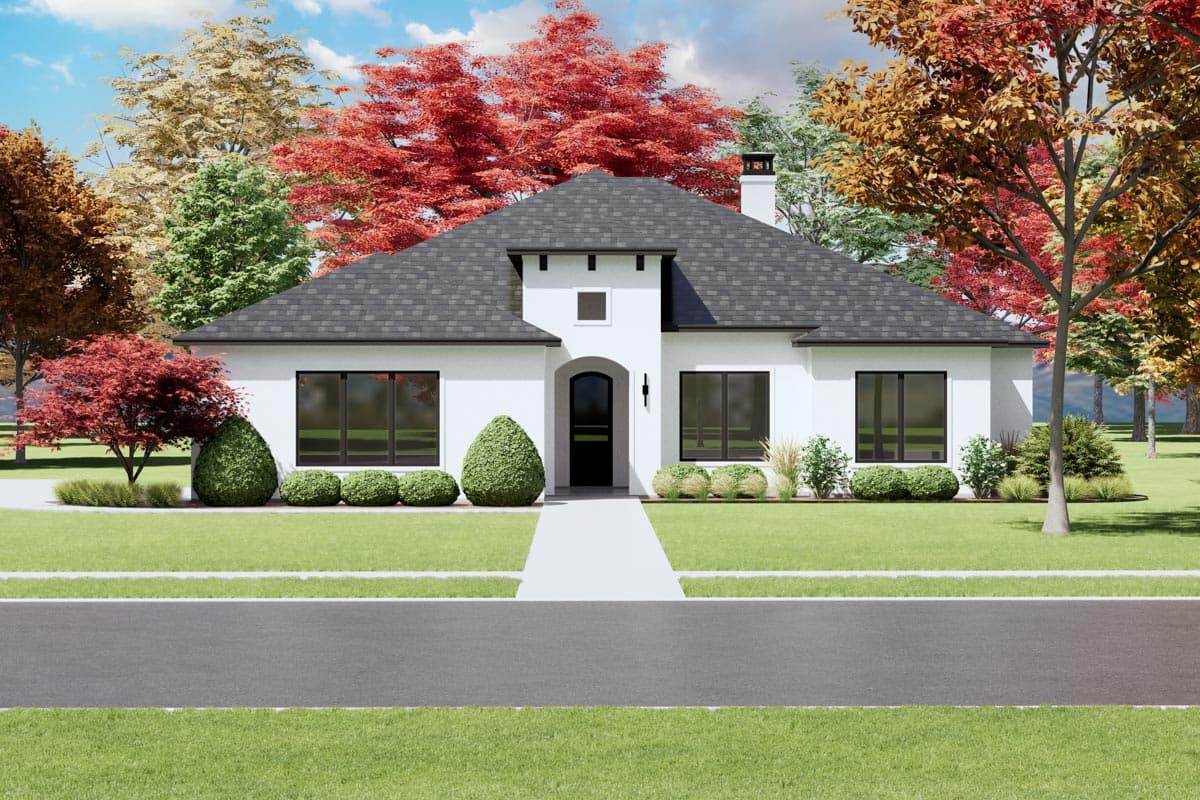 House plan exterior with stucco facade, arched entry, and dark roof. Features include a centered gable and rectangular windows.