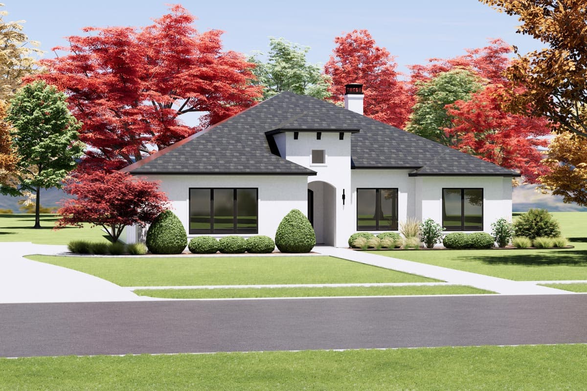 House plan exterior of a one-story Modern style home with stucco siding, a prominent archway, and dark-framed windows.