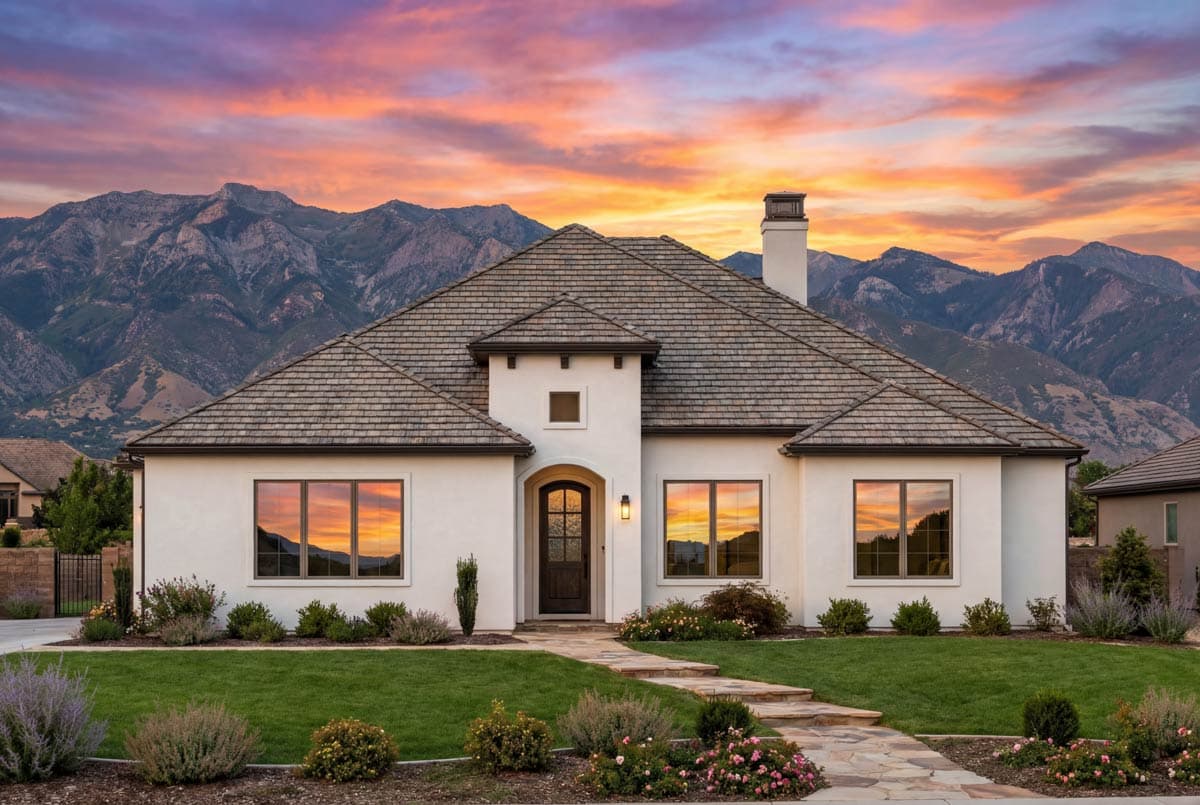 House plan exterior: One-story stucco home with a prominent gabled roof, arched entry, and multiple large windows reflecting a sunset.