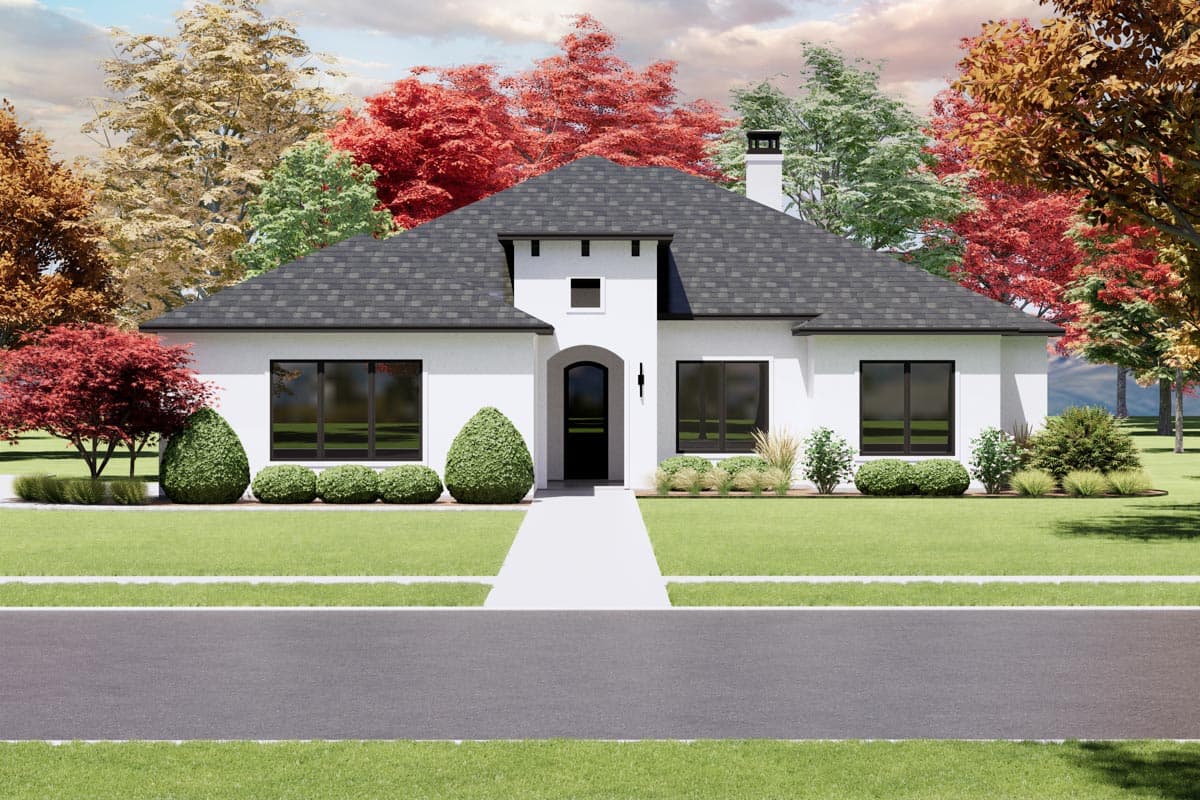 House plan exterior. One-story home with a gabled roof, arched front entry, and a chimney. Features large windows and a pathway.