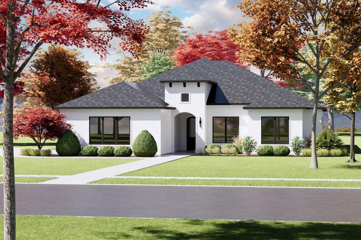 House plan exterior, single-story Modern Farmhouse with stucco finish, arched entryway, prominent gable, and large windows.