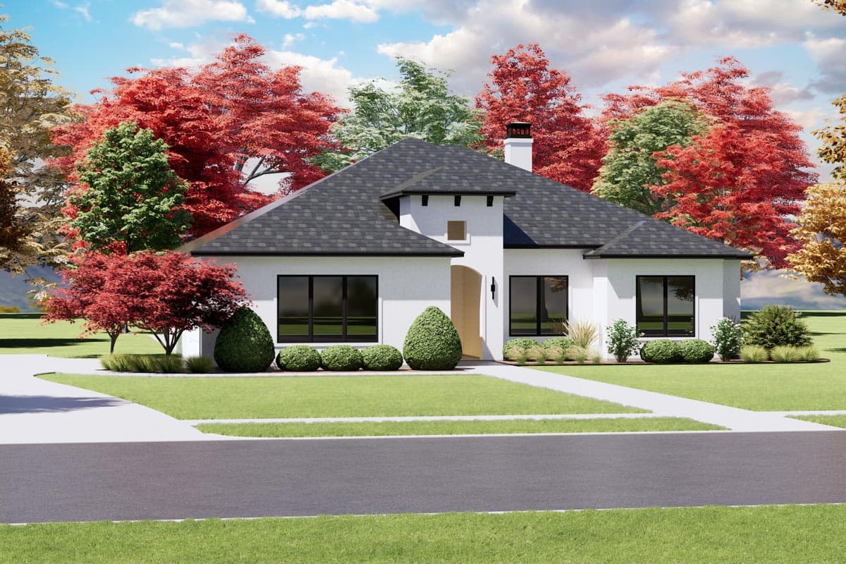 House plan exterior: one-story white stucco residence with dark-framed windows, arched entryway, and hip roof with gables.