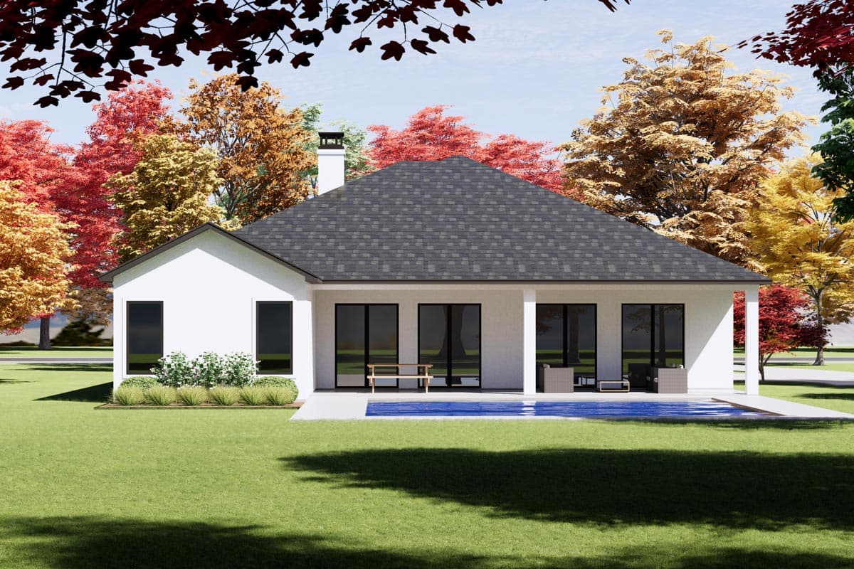 House plan exterior: Single-story modern home with gabled roof, prominent chimney, and multiple glass doors opening to a pool.