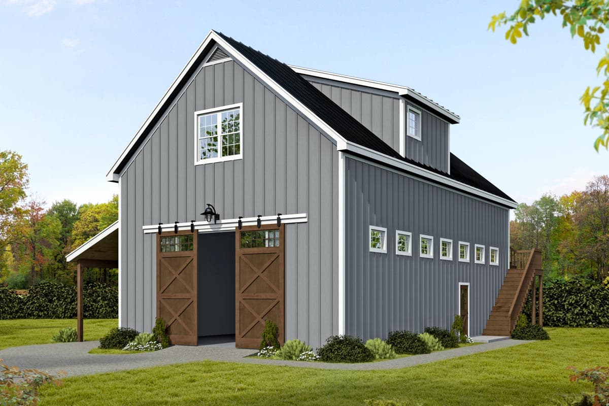 House plan exterior featuring a two-story barn style with a gable roof, dormer, and sliding barn doors. A wooden staircase leads to a side entry.