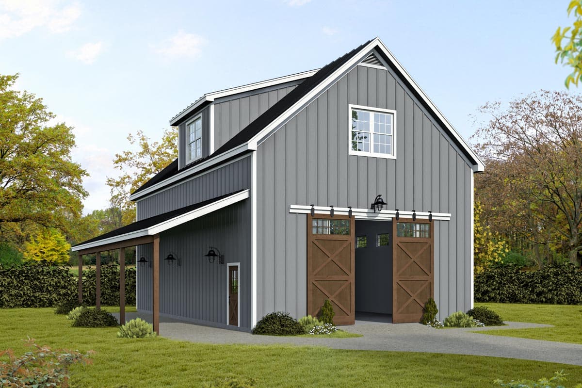 Two-story Modern Farmhouse plan exterior with gray vertical siding, a covered porch, gable dormer, and double sliding barn doors.
